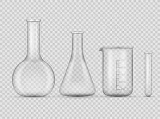 Laboratory transparent glassware instrumentsMedical glass tube set isolated on transparent background. Vector illustration.