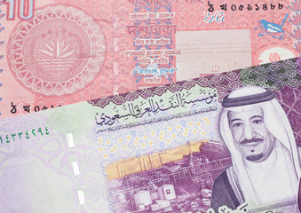 A red ten taka note from Bangladesh, close up in macro with a five Saudi riyal note