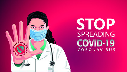 lady doctor using mask with open hand doing stop covid-19 or coronavirus sign with serious and confident expression, vector illustration
