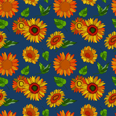 Fototapeta na wymiar Sunflowers with leaves. Seamless pattern on light green background. Cartoon style illustration. Stock Illustration. Design for textiles, fabric, wallpapers, packaging, floristry, website.