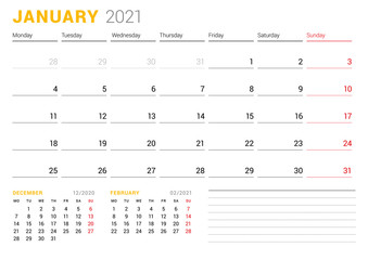 Calendar template for January 2021. Business monthly planner. Stationery design. Week starts on Monday. Vector illustration