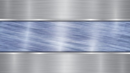 Background consisting of a blue shiny metallic surface and two horizontal polished silver plates located above and below, with a metal texture, glares and burnished edges