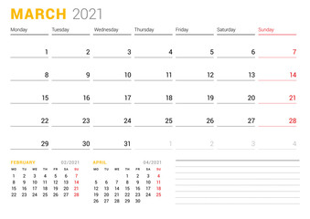 Calendar template for March 2021. Business monthly planner. Stationery design. Week starts on Monday. Vector illustration