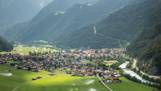 Aerial view of the village of Pfunds as seen from the Vogeltenne viewpoint in the Upper Inn Valley, Tyrol, Austria