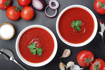 Two plates with gazpacho - traditional Spanish tomato soup