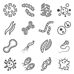 A set of viruses and bacteria icons of different shapes and purposes - worms, shapeless amoeba with and without antennae. Isolated vector on a white background.