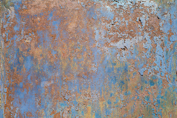 Painted metal with cracks in the paint, roughness, rust. Iron sheet covered with old paint, which has cracked from time and weather conditions. Metal background, texture, backdrop.