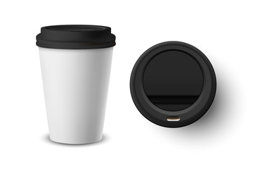 Vector 3d Realistic White Disposable Closed Paper, Plastic Coffee Cup for Drinks with Black Lid Set Closeup Isolated on White Background. Design Template, Mockup. Top and Front View