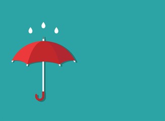 Wide background with red open umbrella and rain drops. Flat icon isolated on blue.