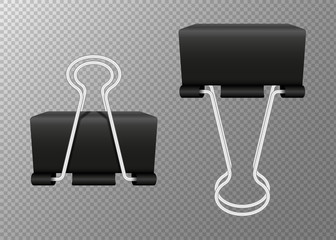 Black Paper clips isolated on transparent background. Two realistic object in different positions. Vector