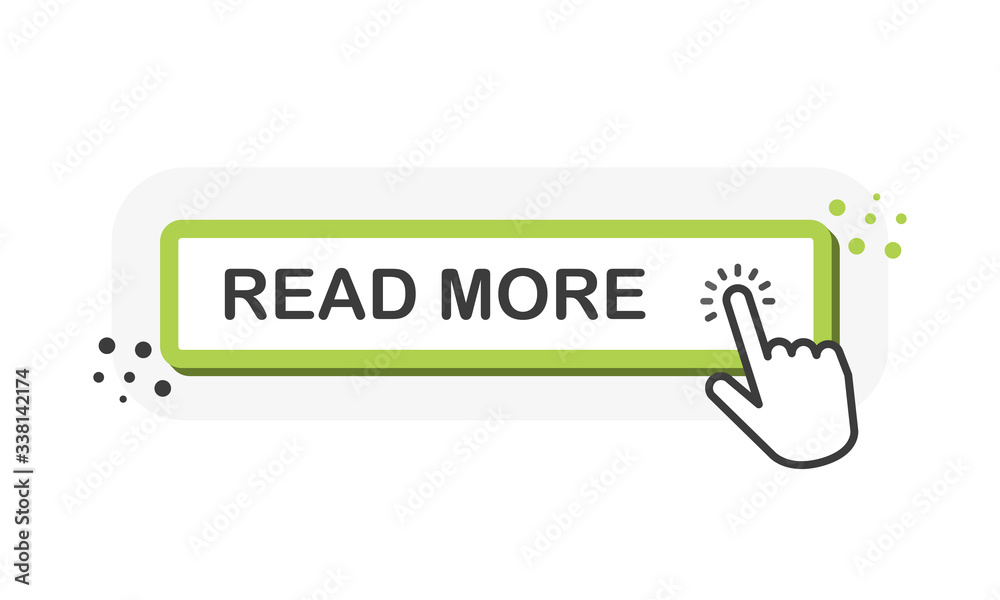 Poster read more green 3d button with hand pointer clicking. white background. vector