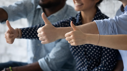 Close up of overjoyed multiethnic people show thumbs up recommend good company service, happy satisfied diverse multiracial clients or customers give sincere recommendation for training or course