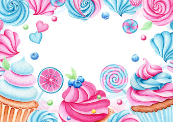 Background with watercolor candies, cupcake, lollipop. Bright sweets for Birthday banner, Greeting card. Dessert for holiday and party. Hand drawn illustration. Artistic design with food  for cafe