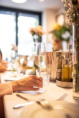 Beautiful table set for an event party or wedding reception . restaurant interior	