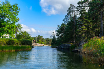 Sweden. Stokholm. 16 August 2019 - View of a picturesque landscape with a river. Landscape overlooking the riverbed.
