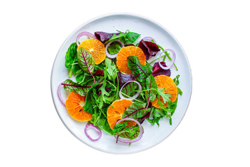 healthy salad tangerines citrus, lettuce, arugula and other herbs. Menu concept food background, keto or paleo diet. top view. copy space for text