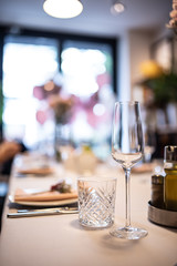 Beautiful table set for an event party or wedding reception . restaurant interior	