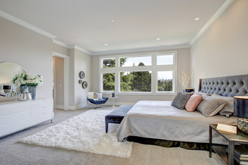 Master bedroom interior with king size bed. Luxury American modern home.