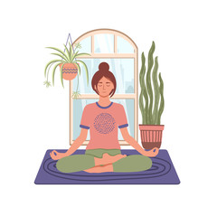 Obraz na płótnie Canvas Young woman meditating and sitting in lotus ay home on the background with window and plants. Quarantine isolation. Concept illustration for yoga, meditation, relax. Vector flat illustration 
