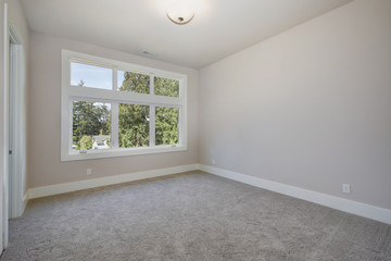 Home interior. Empty room with gray carpet flooring. Luxury American modern home.