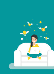 Happy girl freelancer with computer, flying dollar coins and idea bulbs.