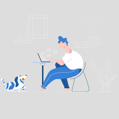 Work at home. Home office. A man working from home on a laptop. Vector illustration in a flat style.