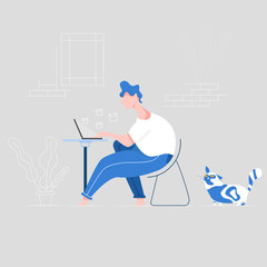 Work at home. Home office. A man working from home on a laptop. Vector illustration in a flat style.