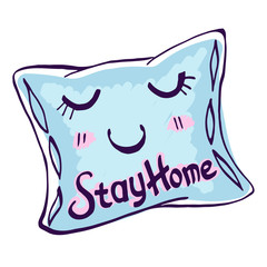 Cute Doodle pillow with eyes and a smile and the inscription Stay home, lettering. The call not to leave the house during quarantine, to work remotely, the danger of coronavirus. Vector.
