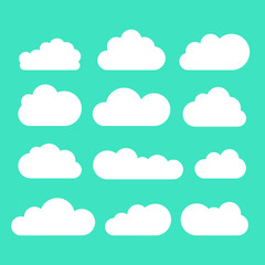 Set of clouds in blue sky. Cloud icon shape. Collection of different clouds, label, symbol. Graphic vector design element for logo, web and print.