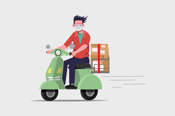 Delivery man riding a scooter. Fast delivery during covid-19 coronavirus outbreak. Cartoon illustration.