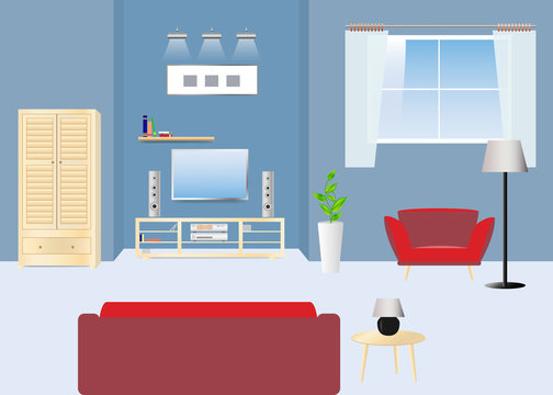 Empty Living Room With Sofa Facing TV And HI-FI Set. Wooden Cabinet Is In The Left Side And Armchair Is Under The Window. Concept Vector Ready For Your Use. 