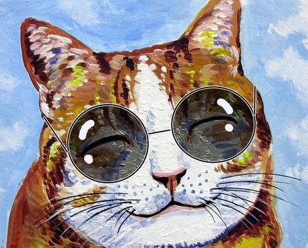 Art painting oil color  funny  Smiling cute cat , cat  wearing glasses
