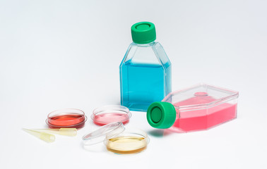 Medical laboratory tools isolated on white background. Plastic containers and Petri dishes with blood cells and lab fluids for a biochemistry test. Med equipment for molecular diagnostic of health.