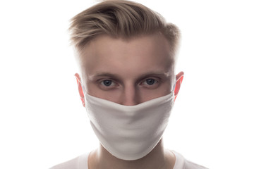 Man wearing face protective mask on face against Coronavirus isolated on white.