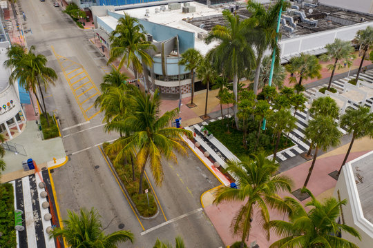 Miami Beach Lincoln Road shops closed observing social distancing order by president Trump shot with drone