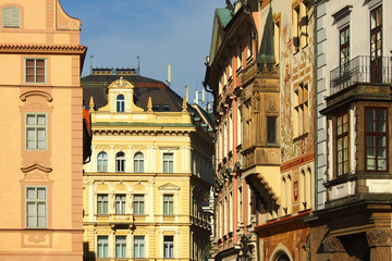 Traditional bohemian building in the streets of Prague or Praha, Czech Republic, sunlight