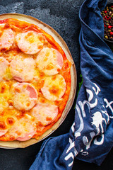 pizza sausage, tomato sauce, cheese Menu concept, food background, diet. top view. copy space for text