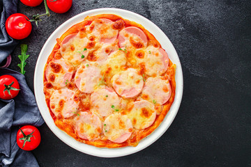 pizza sausage, tomato sauce, cheese Menu concept, food background, diet. top view. copy space for text