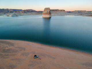 Aerial view of camper on beach at Lake Powell