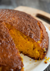 Juicy carrot cake in a cut, close-up.
