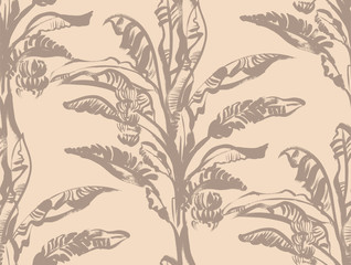seamless pattern with a banana palm with tropical leaves drawn with a dry brush in two colors