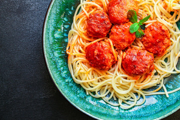 pasta spaghetti meatballs tomato sauce, main course Menu concept, food background, diet. top view. copy space for text