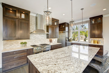 Luxury kitchen in a new construction home. Luxury American modern home.