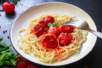pasta spaghetti meatballs tomato sauce, main course Menu concept, food background, diet. top view. copy space for text