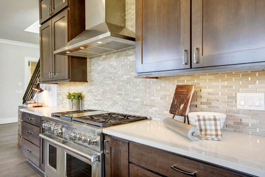 Luxury kitchen in a new construction home. Luxury American modern home.