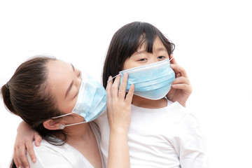 The image face of a young Asian woman and family wearing mask to prevent germs, toxic fumes, and dust. Prevention of bacterial infection in the air in a white background