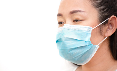 The image face of a young Asian woman and family wearing mask to prevent germs, toxic fumes, and dust. Prevention of bacterial infection in the air in a white background