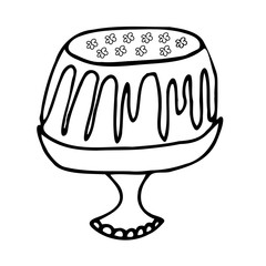 Cake, cupcake on a cake stand. The cake is decorated with flowers, covered with sweet icing, the icing flows from the cake. Doodle Black outlines on a white background.

