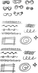 Big black doodle set of ornaments and lines and glasses.Vector stock.Hand draw style