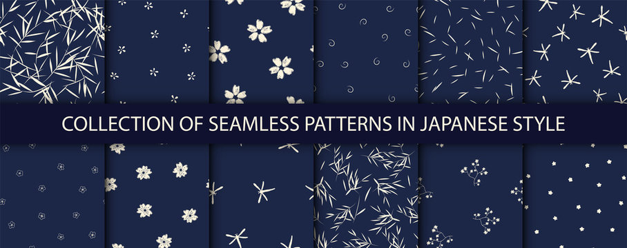 Set of 12 patterns in japanese style. Vector collection of asian backgrounds.